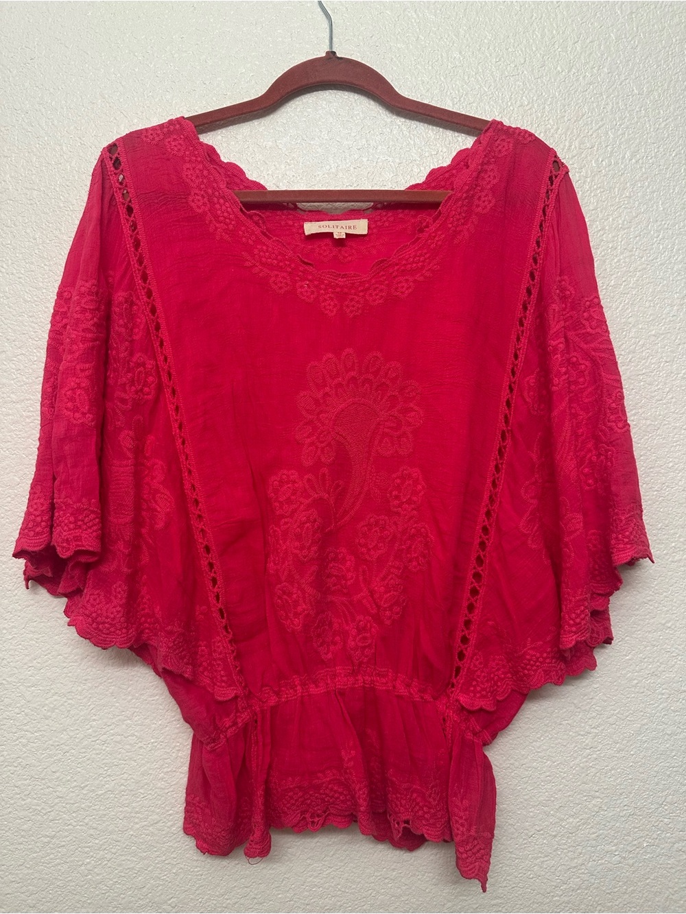 Solitaire Hot Pink Embroidered Boho Peasant Top